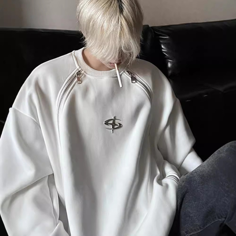 Double Zipper Design Sweatshirt Hoodless Men's Autumn Hair Stylist Trendy Brand Pi Shuai Fried Street Long Sleeve T-shirt Niche Top