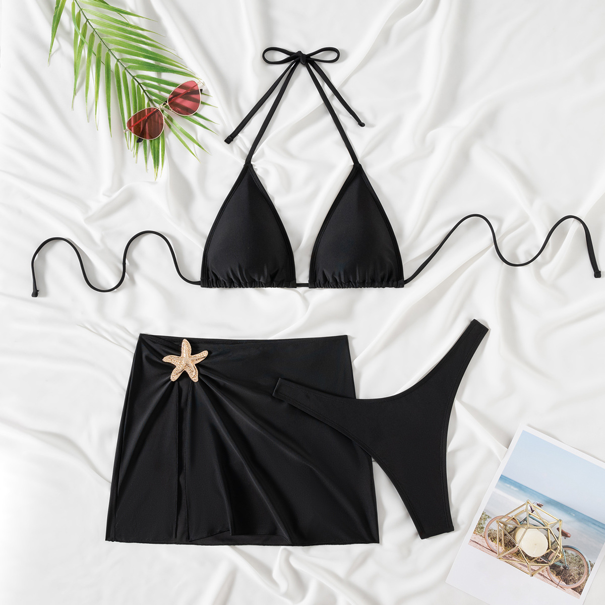 2025 nuevo bikini transfronterizo europeo y americano con cordones triangulares sexy cintura alta dividida traje de baño bikini de tres piezas mujer