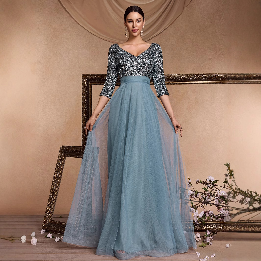 New European and American V-neck Short Sleeve Sequin Tulle A- line Floor Elegant Ball Evening Dress Fashion Party Dress
