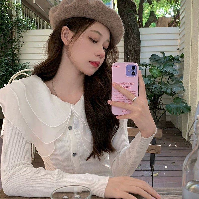 Шикарный милый и нежный вязаный кардиган, женский тонкий свитер с кукольным воротником, тонкий топ с длинными рукавами и рюшами на воротнике