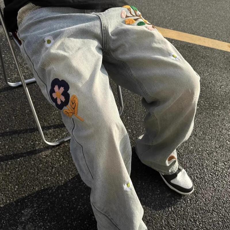 Factory Direct Sales American High Street Design Flower Embroidered Washed Jeans 2025 Autum Straight Pants Casual Pants Factory Direct Sales American High Street Design Flower Embroidered Washed Jeans 2025 Autum Straight Pants Casual Pants