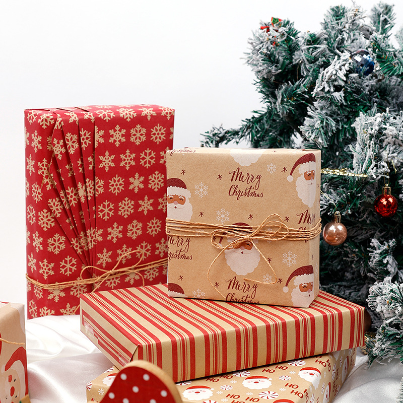 Estilo explosivo transfronterizo Papel enrollado de gran tamaño Papel de regalo de Navidad Papel kraft amarillo retro ecológico Papel de regalo de Navidad