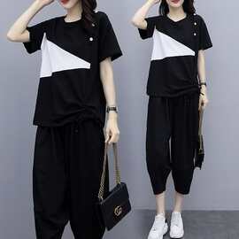 大码女装夏装时尚休闲运动套装2022新款胖妹妹减龄显瘦遮肉两件套