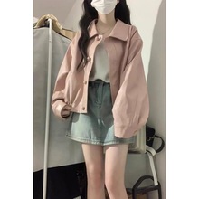复古美式粉色皮衣外套女春秋季新款设计感宽松小个子短款pu皮夹克