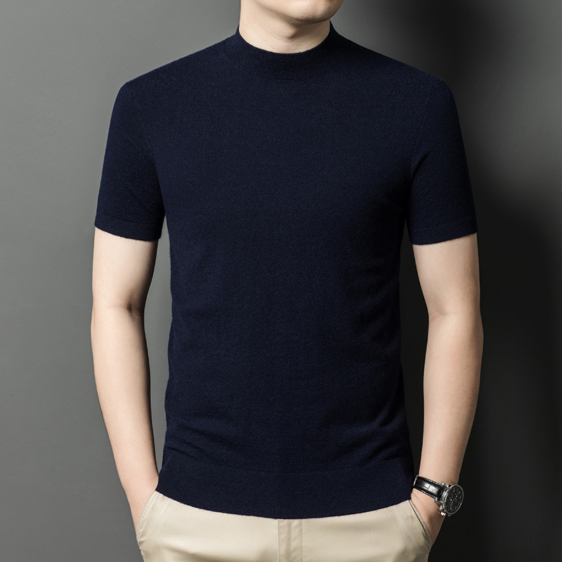 Ordos 100% cachemira pura, hombre de manga corta, suéter de lana de punto de cuello medio alto, suéter de manga media gruesa