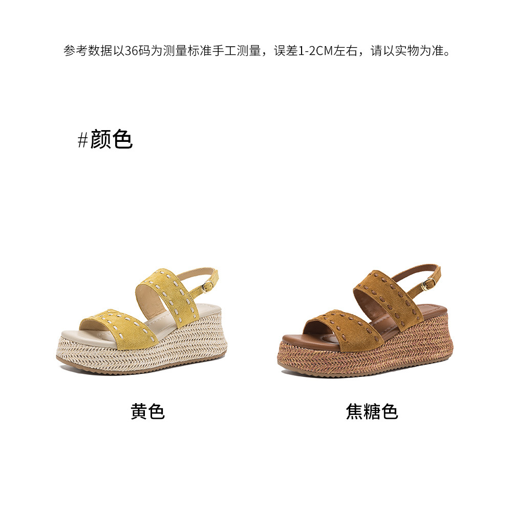 Sandal nữ đế xuồng đan rơm cao gót, quai ngang một dây, phong cách hè thoải mái — Màu caramel, màu vàng chi tiết 4