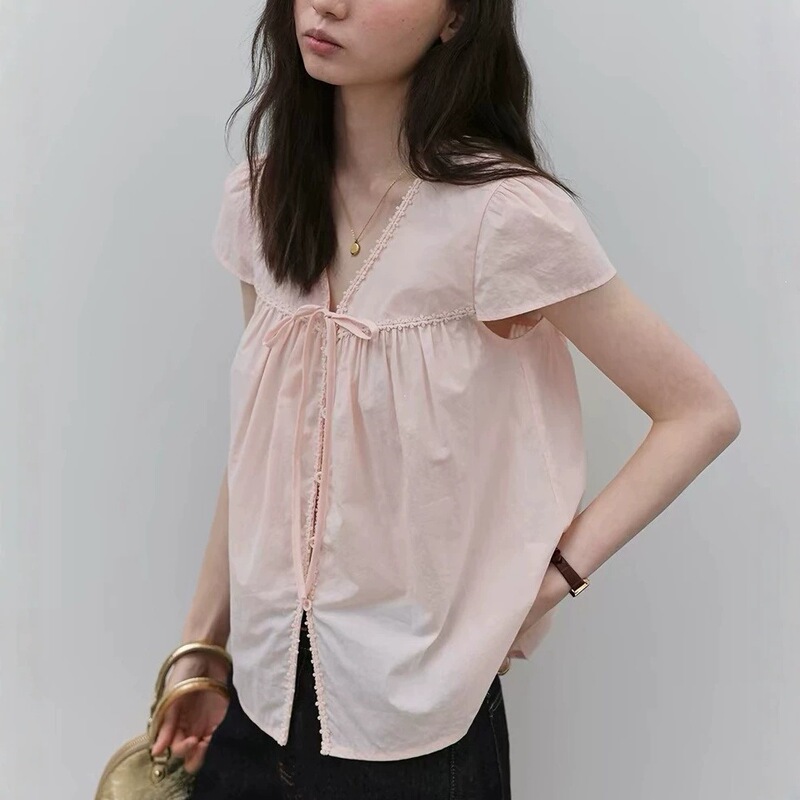 Mustard Pie Pink V-Neck Lace Pleated Shirt for Women, New Summer Style, Sweet Cotton Top with Ties Mustard Pie Pink V-Neck Lace Pleated Shirt for Women, New Summer Style, Sweet Cotton Top with Ties