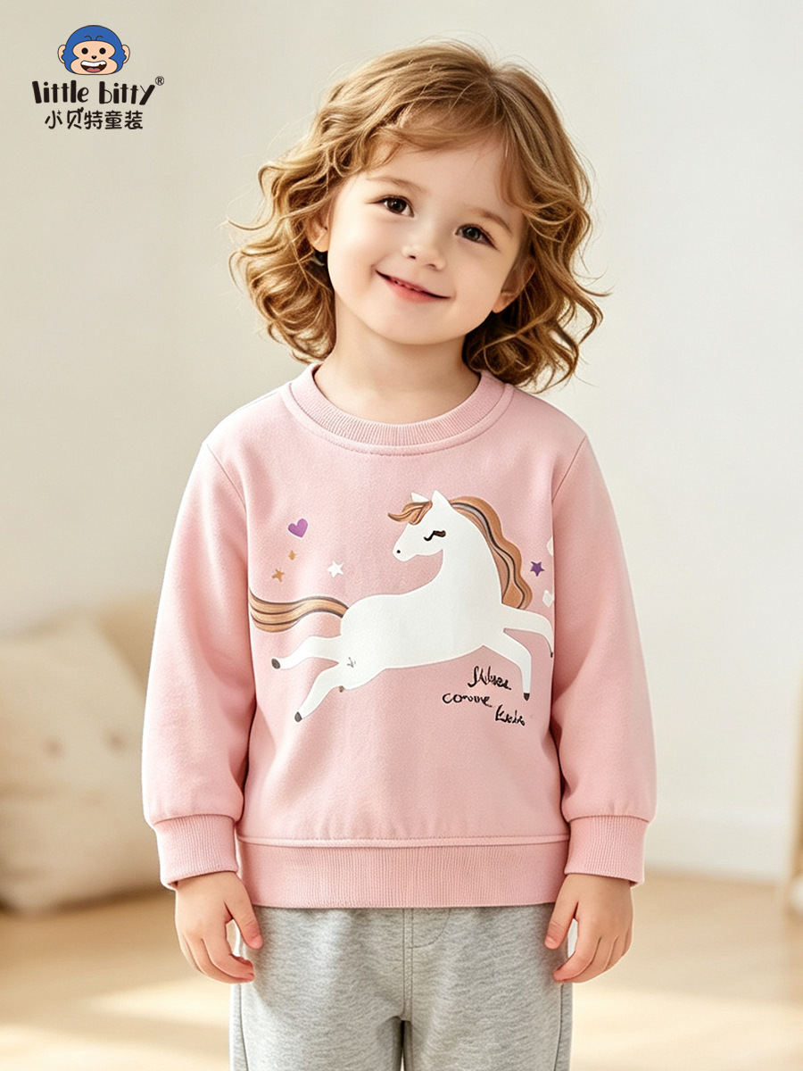Cross-border children's clothing 2026 autumn and winter children's round-neck sweatshirt with cartoon horse print, girls' sweatshirt, fashionable apparel