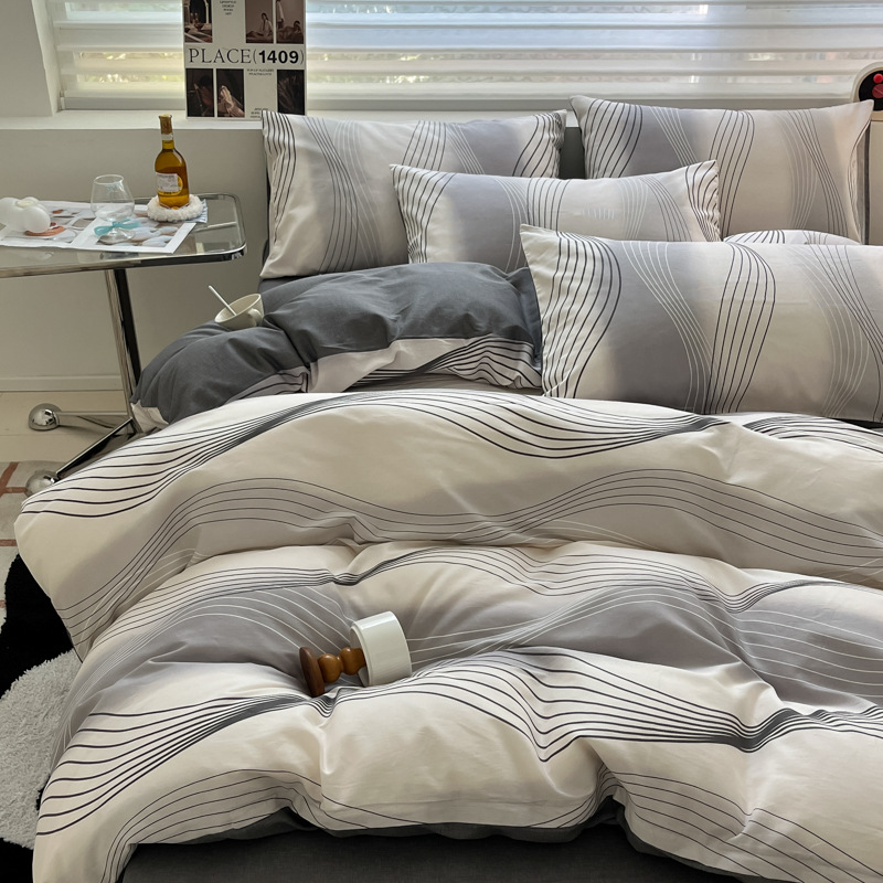 Conjunto de cama de quatro peças em algodão puro, estilo nórdico minimalista francês retrô, para dormitórios masculinos. Inclui capa de edredom e lençol._voghion.com