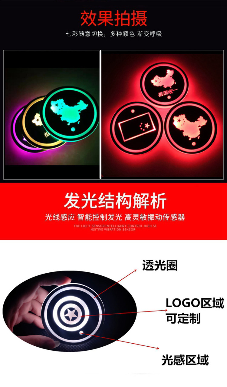 Car Led Luminous Coaster, Colorful Coaster, Car Atmosphere Light, Solar USB Charging, Anti-Slip Coaster