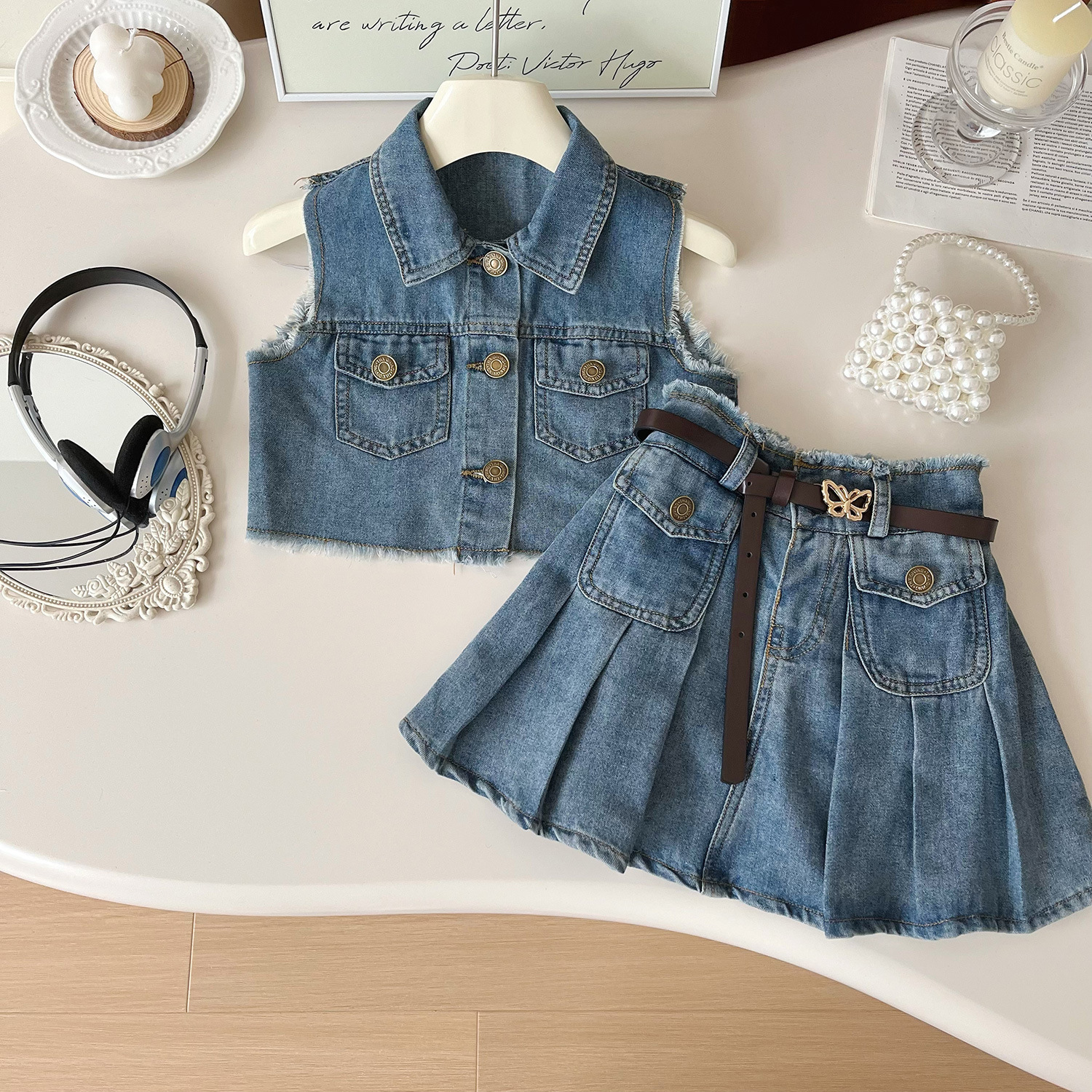 Children's Denim Dress New Korean Girl's Summer Denim Sleeveless Top Skirt Fashionable Two-piece Set