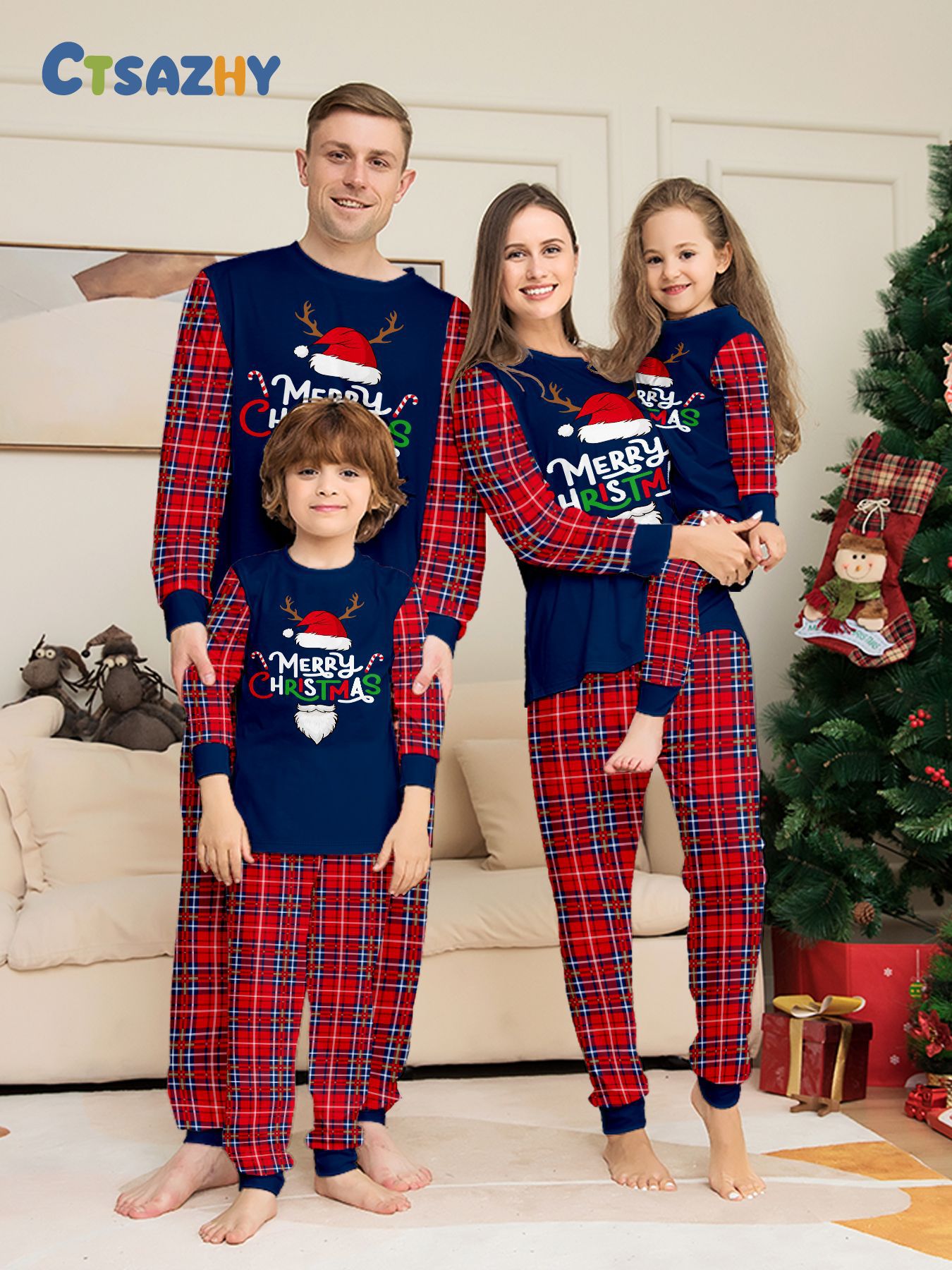 Cappello da Babbo Natale con alfabeto a quadri, completo da famiglia natalizio, vestiti per la casa stampati, pigiama_voghion.com