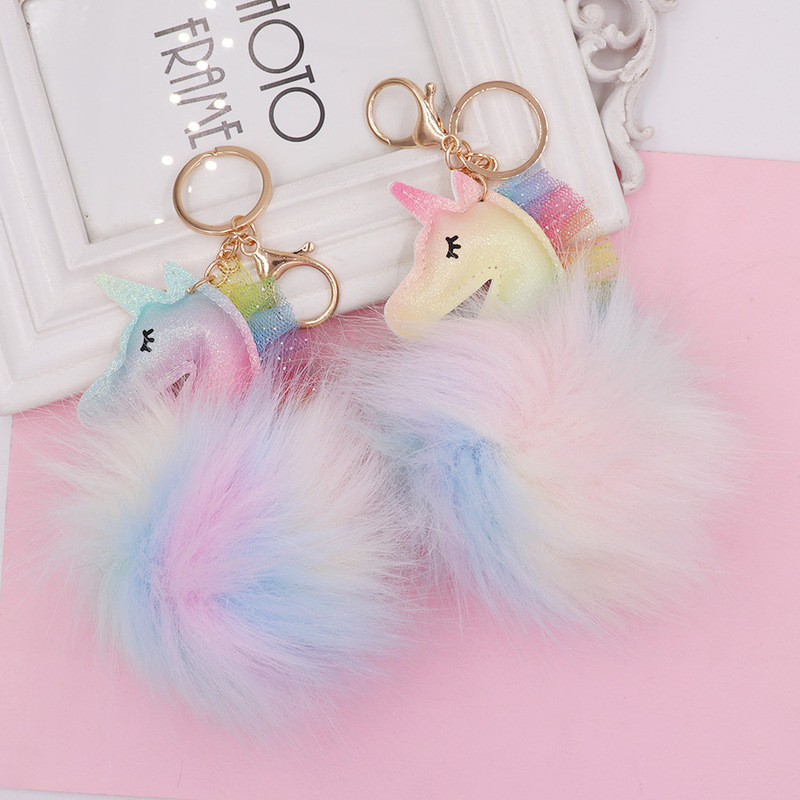 Dream Colorful Lace Unicorn Bag Pendant Faux Fox Fur Plush Keychain Bag Hanging