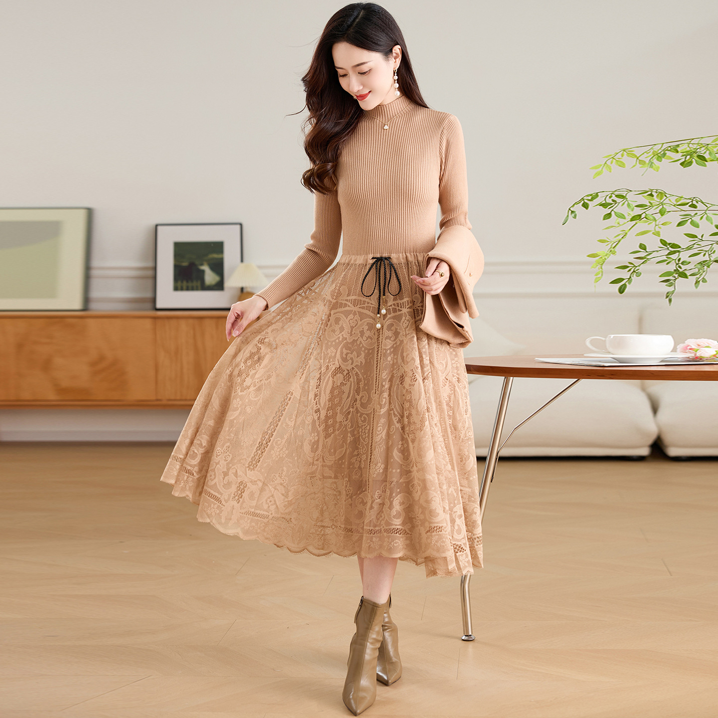 Vestido de tejido de encaje de dos piezas para mujeres de otoño y invierno con abrigo de lana de madres de mediana edad con falda de base image 5
