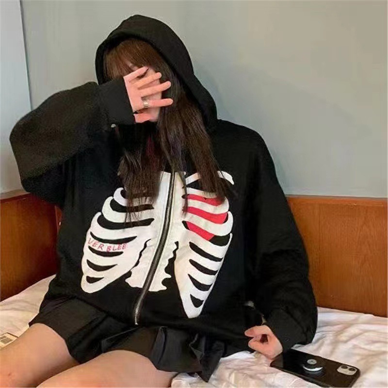 Cross-border Source AliExpress Amazon Hoodie Sweater Women's Loose Skull Print Dark Zipper Fleece Jacket
