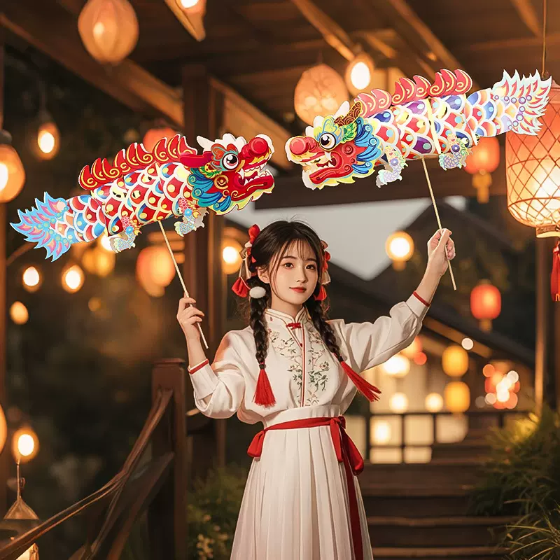 2026年新款新年儿童手工diy 舞龙纸灯笼春节元宵国潮古风发光灯笼