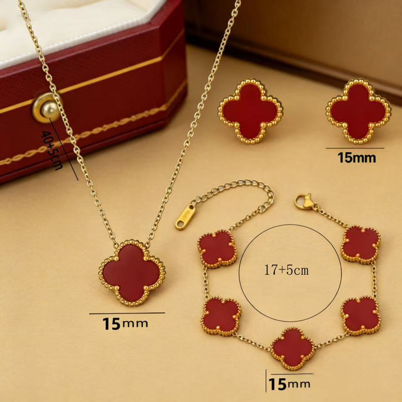 Cross-Border Titanium Steel Flower High-End Four-Leaf Clover Bracelet, Necklace, and Earrings 15mm Jewelry Three-Piece Set, Light Luxury Niche Wholesale