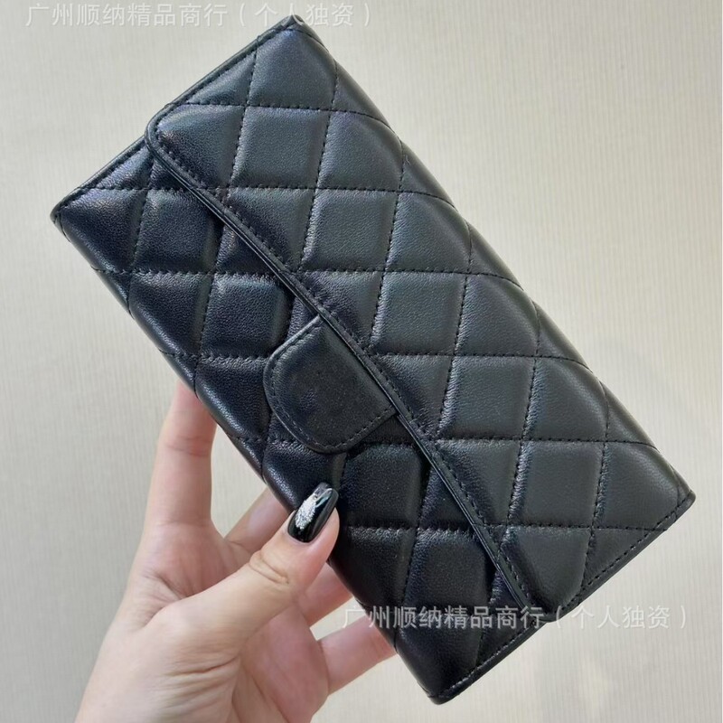 New Genuine Leather Small Fragrance Wallet Sheepskin Wallet Women's Cowhide Caviar Small Fragrance Cf Quilted Wallet Long Style