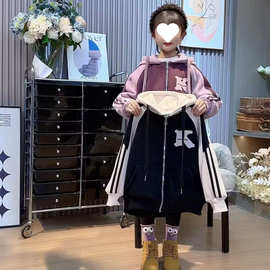 女童秋装新款拉链外衣开衫2023中大童拼色长袖拼接字母连帽外套潮
