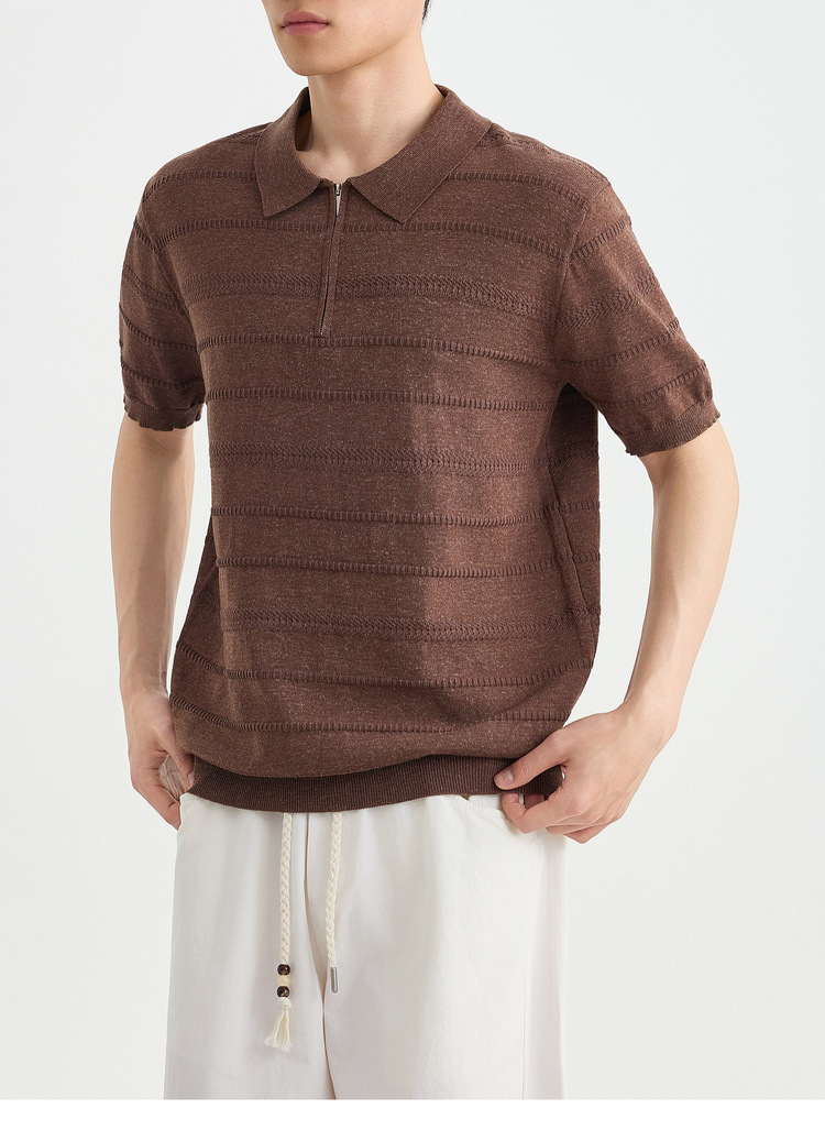 Áo polo nam tay ngắn cổ bẻ phối khóa kéo một nửa, chất liệu dệt kim hoa văn jacquard — đen chi tiết 32