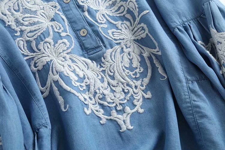 round neck embroidered tencel denim shirt NSAM34012