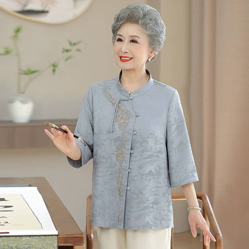 Пожилые женщины летняя бабушка рубашка Новый китайский национальный стиль топ мама одежда летние старушки пожилая рубашка
