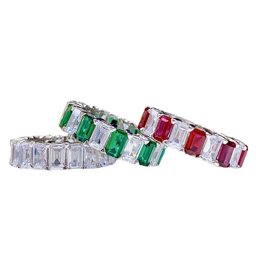 Large row of diamond rings fashionable green diamond emerald cut square full circle diamond ring s925 silver large diamond ring index finger ring
