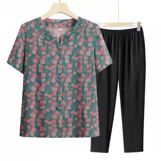 奶奶装夏装衬衣套装老人太太衣服中老年人夏季短袖女冰丝妈妈上衣