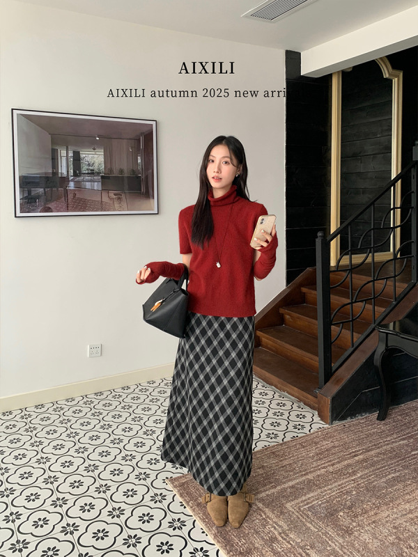 爱西里2025秋简约高级氛围感高领针织短袖上衣内搭毛衣女15367|undefined