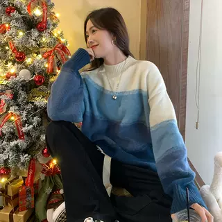 Women's Fashion Mock-neck Stripes Sweater - 1410 Blue - View 1