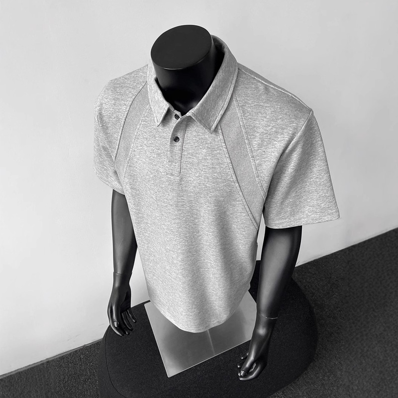 American Heavyweight Air Layer Right Shoulder Structure Splicing Short-Sleeved Men's T-Shirt Polo Shirt Boxy Version Short-Sleeved T-Shirt for Men