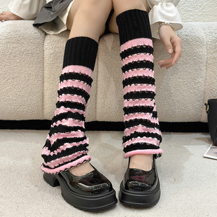 Japanese-Style Jk Striped Slouch Socks for Women, Black Hollow-Out Mid-Calf Knit Socks, Y2K High-Leg Hollow-Out Socks