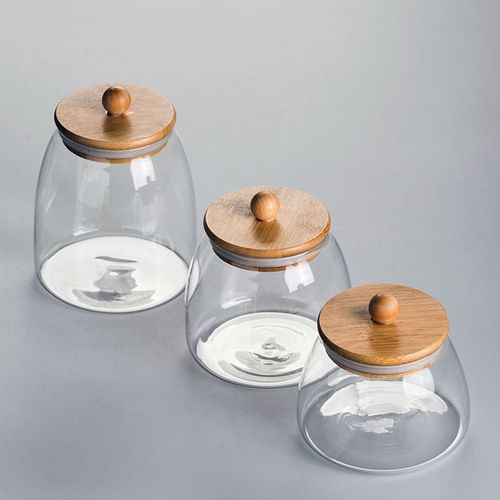 Transparent glass grain storage jar, high borosilicate glass sealed jar with bamboo and wooden cover, round wooden pearl triangle tea jar