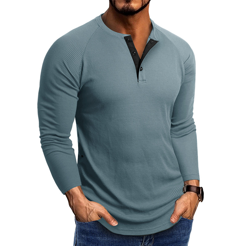 2023 Otoño e Invierno ropa de hombre europea y americana Henry cuello de manga larga Camiseta Comercio exterior camisa de hombre waffle camiseta camisa de fondo