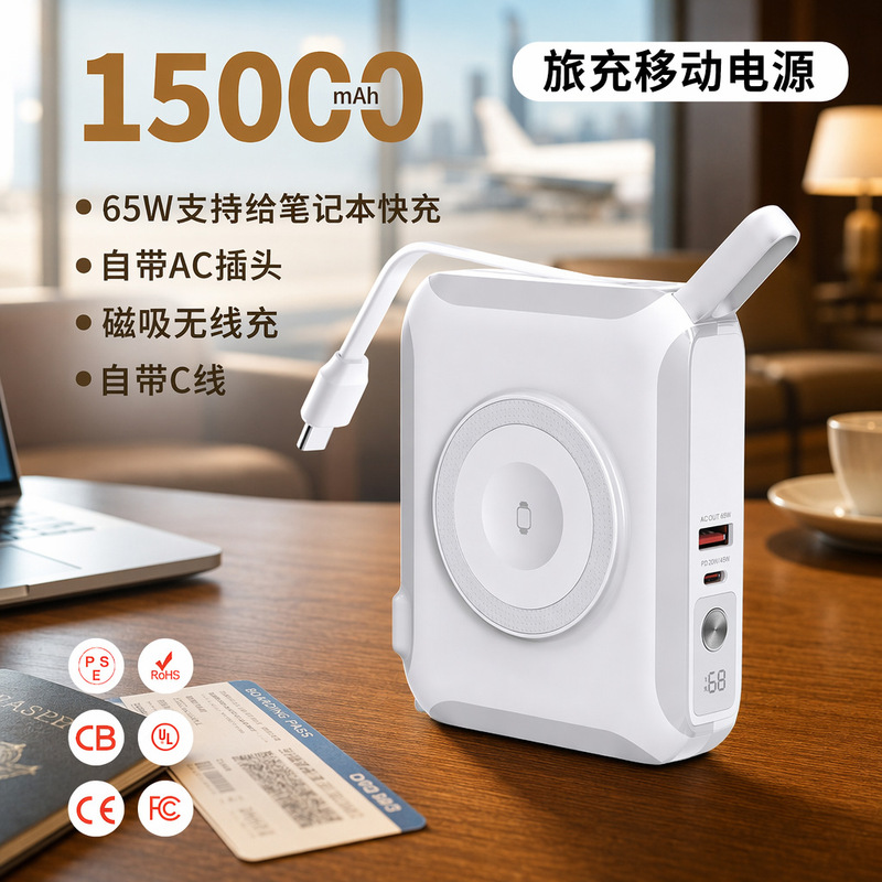 New Magnetic Watch Wireless Charger 15000Mah Travel Charger Power Bank with Built-In Cable 65W Power Bank