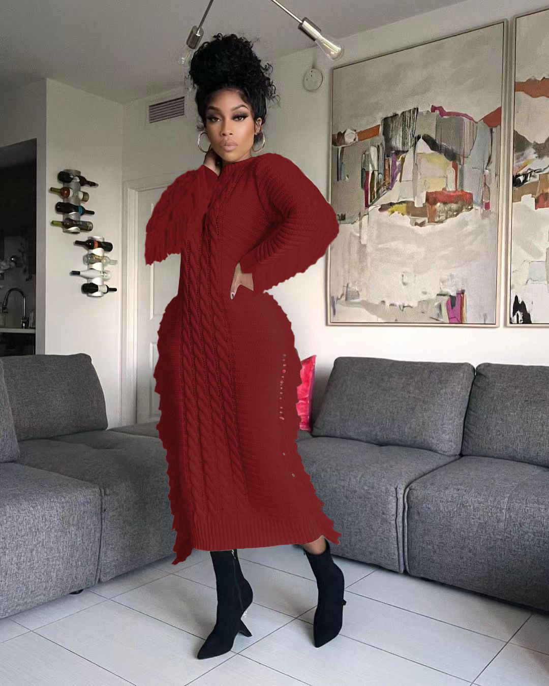 Robe pull femme avec franges longues en maille pour l'hiver_voghion.com