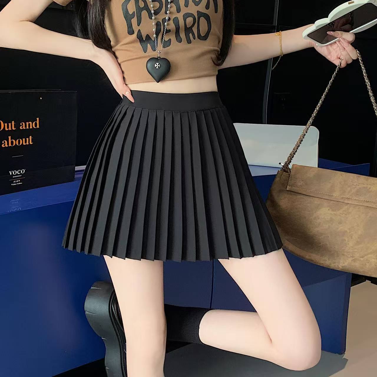 High-Waisted Pleated Mini Skirt with Built-in Safety Shorts, Black A-line Office Style — detail image 2