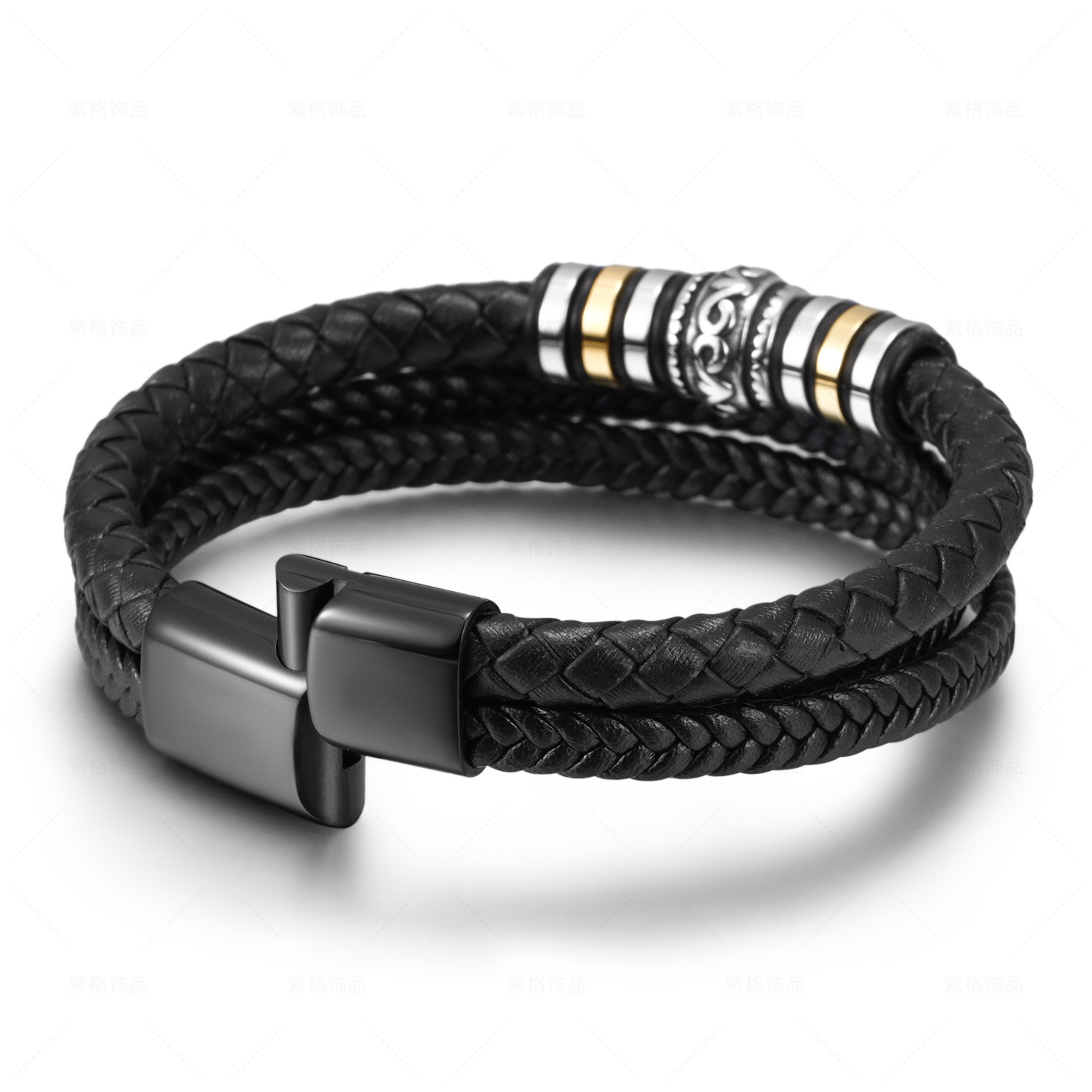 Cross-border Foreign Trade Ethnic Style Jewelry Stainless Steel Bracelet Men's Multi-layer Braided Leather Rope Titanium Steel Magnetic Buckle Bracelet Wholesale