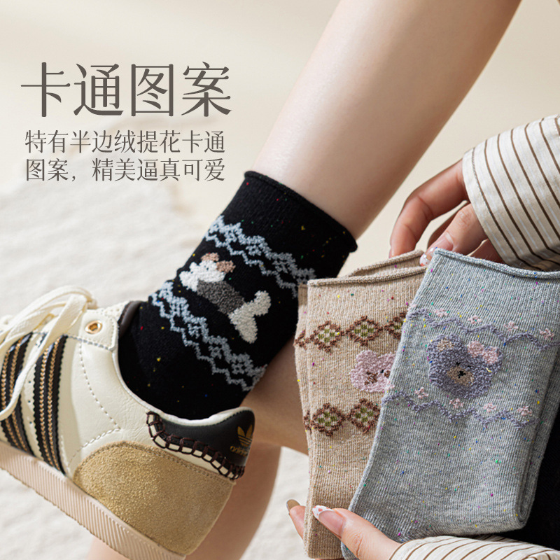 复古卡通点子纱加厚女袜透气弗尔岛提花秋冬季保暖百搭中筒袜子女|undefined
