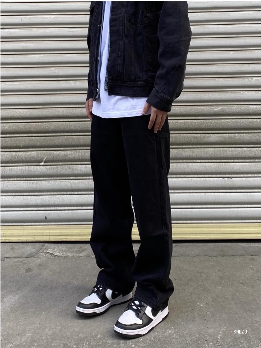 Men's High Street Loose Fit Black Jeans Versatile White Wide Leg Pants Retro Slimming Straight Leg Casual Long Trousers_mkmklike.com