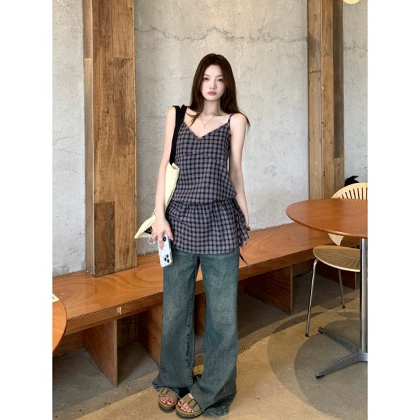 Американский ретро-академический стиль ремешок талии в клетку камзол жилет женский летний нишевые без рукавов носить темпераментный топ