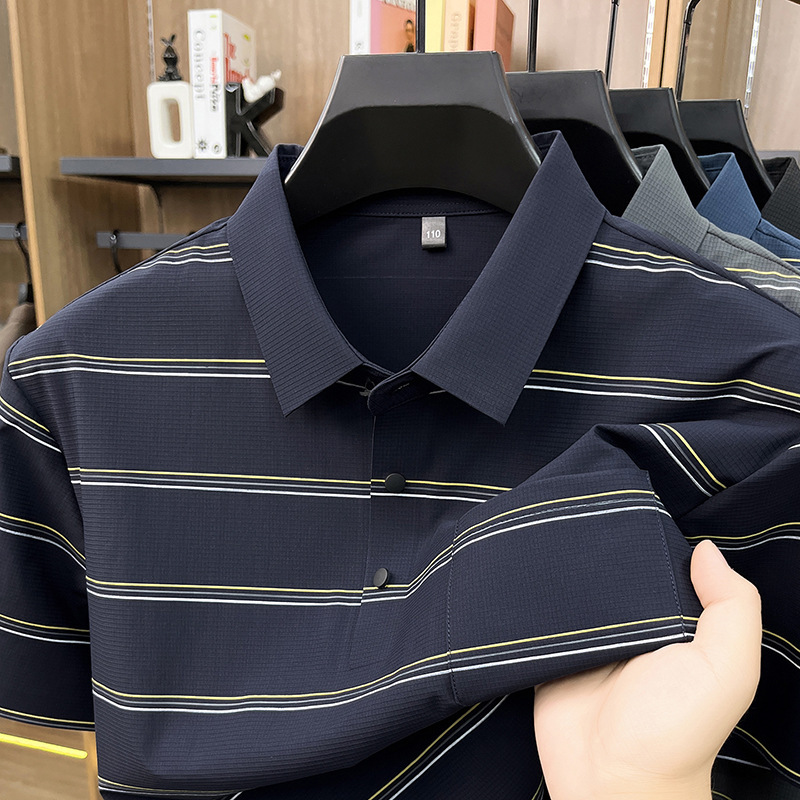 Summer New Style Real Pocket Seamless Striped Short-Sleeve Polo Shirt Made of Ammonia Nylon Fabric, Fully Seamless T-Shirt for Wholesale Summer New Style Real Pocket Seamless Striped Short-Sleeve Polo Shirt Made of Ammonia Nylon Fabric, Fully Seamless T-Shirt for Wholesale