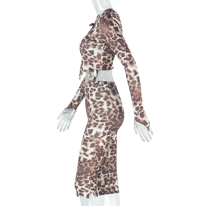Blusa transparente con estampado de leopardo para mujer, pantalón asimétrico con hombros descubiertos, manga larga, pantalón corto, dos piezas