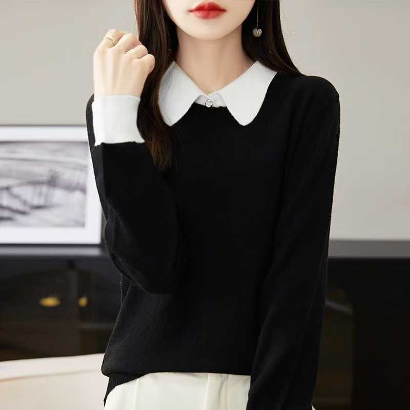 Polo Collar Pullover Knitwear for Women Loose Lazy Color Matching Knitwear Bottoming Shirt with Top