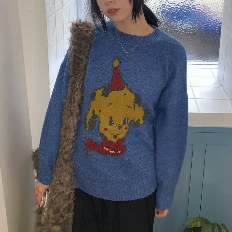 European and American cross-border 2026 autumn and winter new vintage loose casual dog pattern round neck pullover lazy style knit sweater European and American cross-border 2026 autumn and winter new vintage loose casual dog pattern round neck pullover lazy style knit sweater