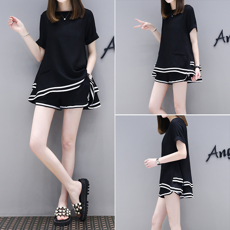 Women's Summer Suit, Large Size, Loose-Fitting Two-Piece Set, Round Neck Short-Sleeved Top, Wide-Leg Shorts, Two-Piece Set, Trendy and Stylish