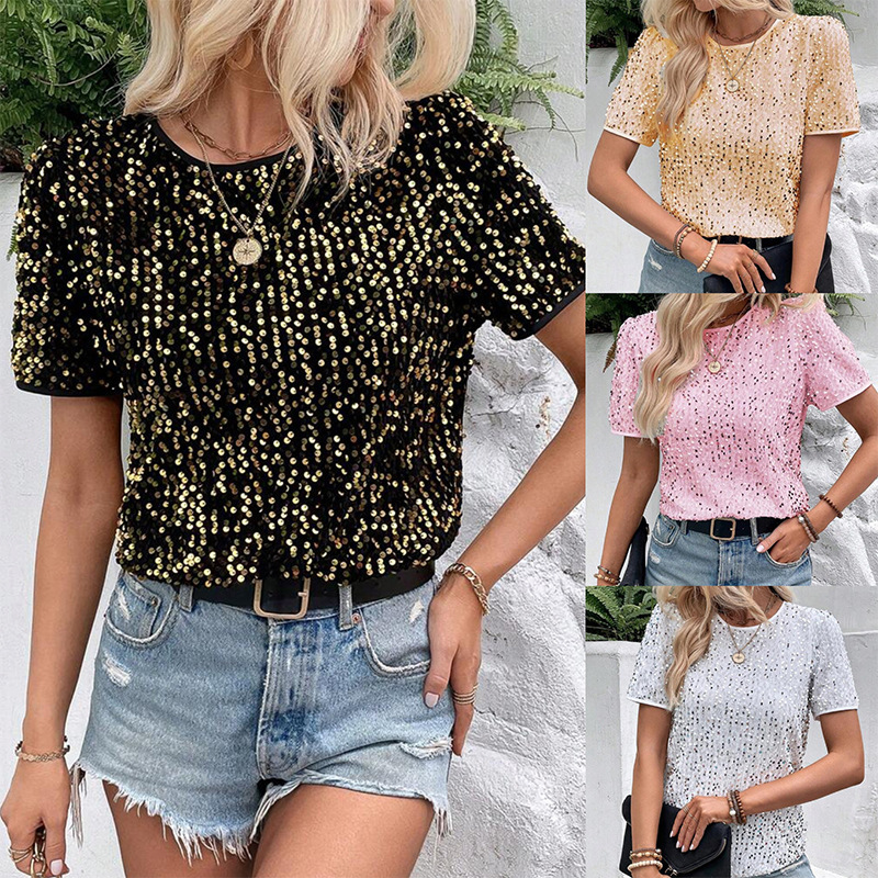European and American Amazon cross-border new popular commuter loose short sleeve bag collar round neck top women's sequined T-shirt