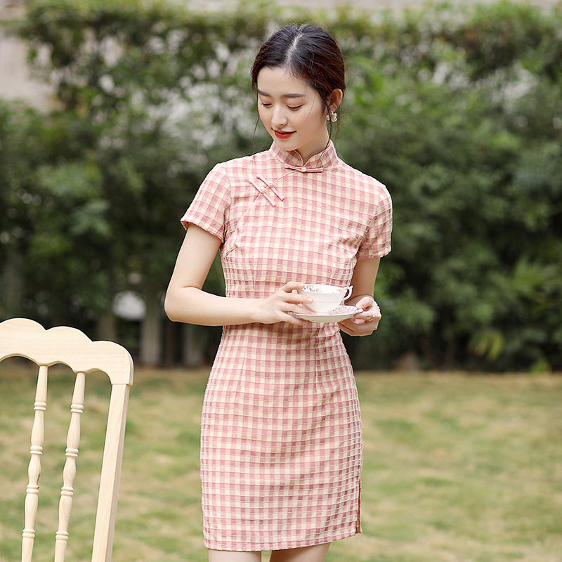 Summer cotton short fitted cheongsam