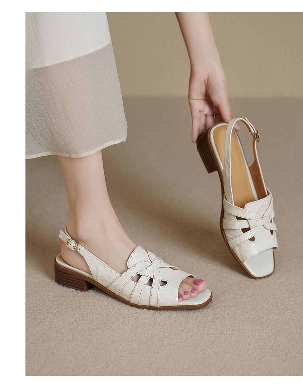 Sandal nữ hở mũi da cừu gót thô phong cách La Mã quai chữ T — đen chi tiết 5