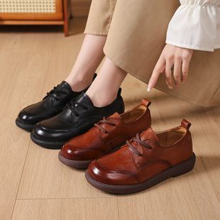 Top Layer Cowhide Loafers Women's 2025 Spring and Autumn All-match Comfortable Small Leather Shoes Lace-up Flat Casual All-match Single-layer Shoes